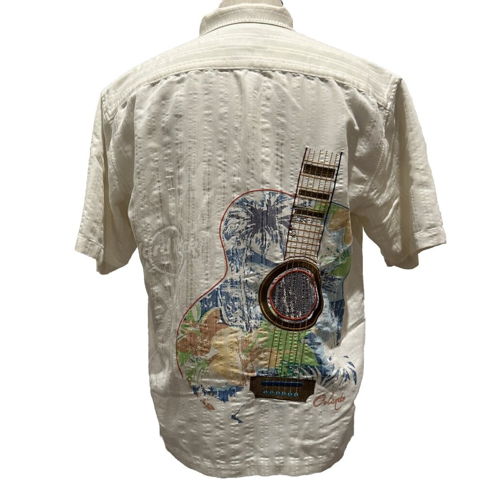 Hard Rock Cafe Hawaiian Shirt Mens L Ivory Embroidered Guitar Orlando FL Unique